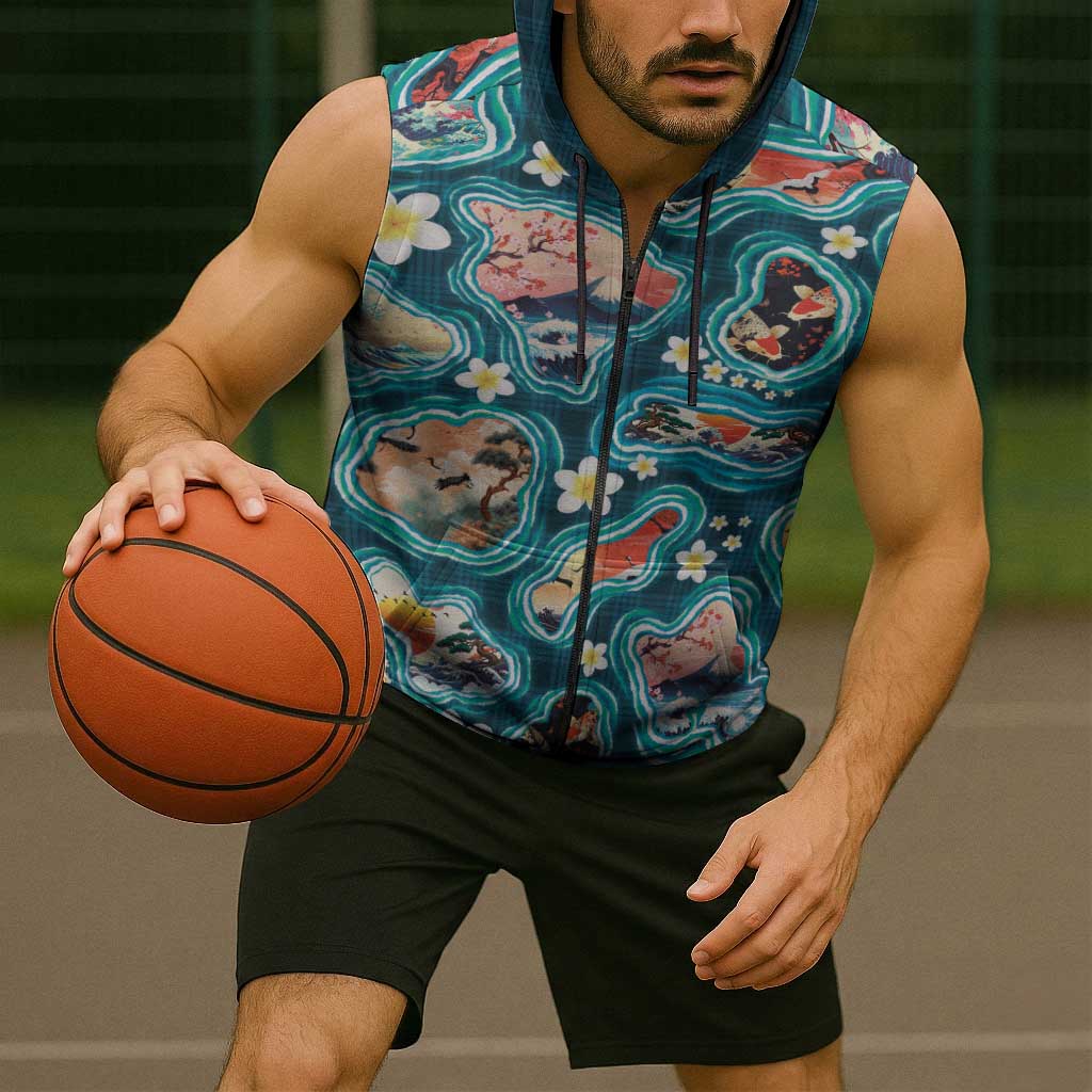 Hawaiian and Japanese Culture Together Sleeveless Zip Hoodie Hawaiian Island Shapes with Japanese Landscape Teal Color LT03 - Polynesian Pride