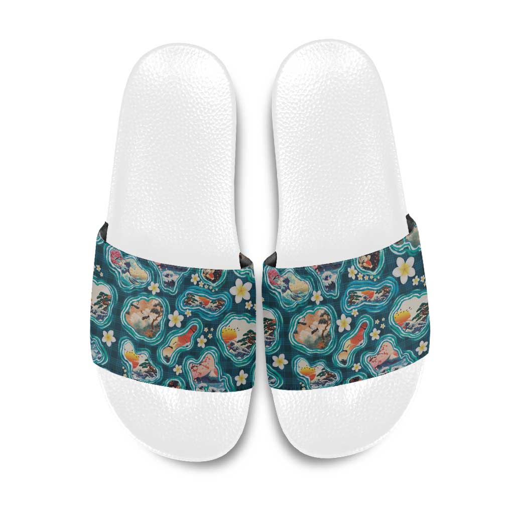 Hawaiian and Japanese Culture Together Slide Sandals Hawaiian Island Shapes with Japanese Landscape Teal Color LT03 Teal - Polynesian Pride