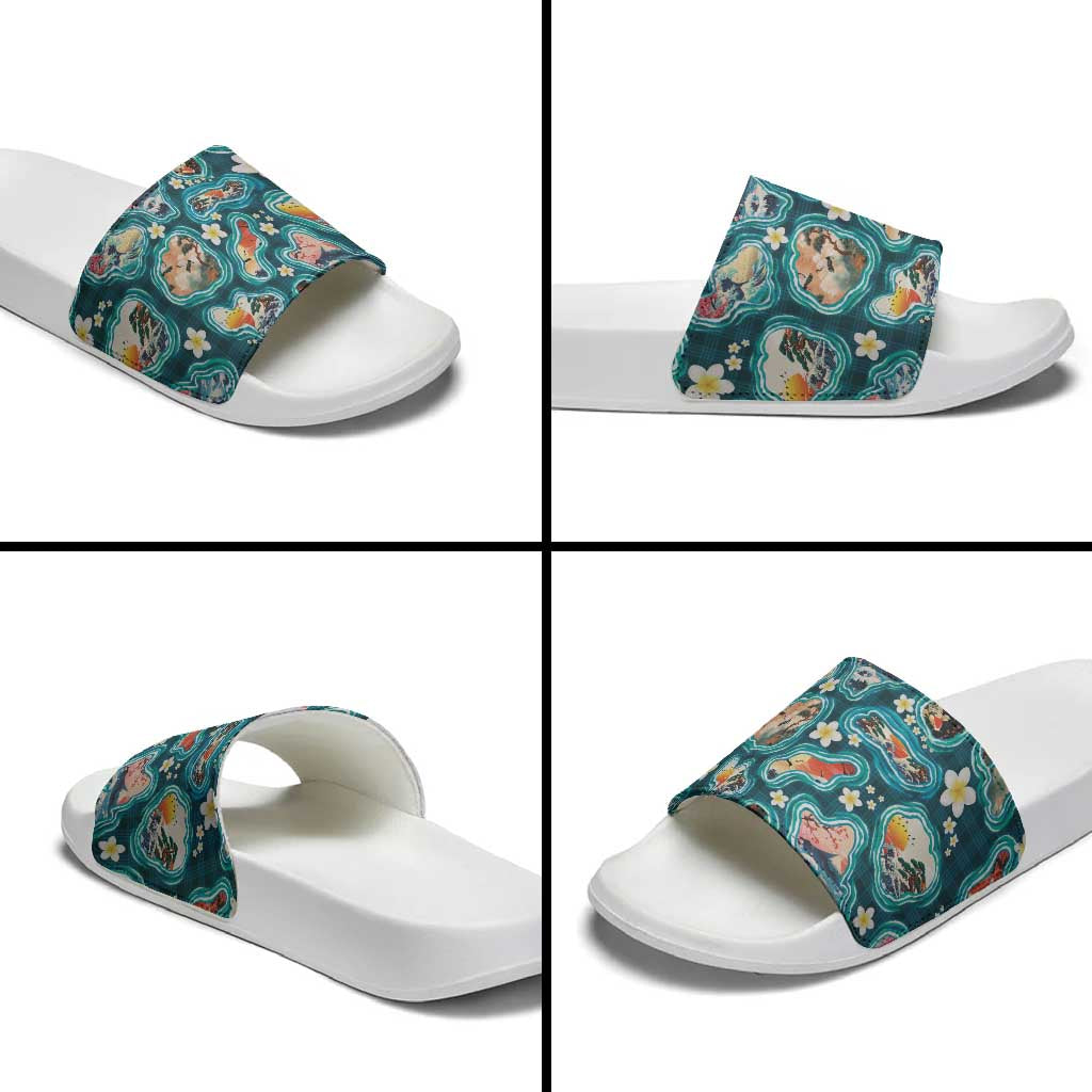 Hawaiian and Japanese Culture Together Slide Sandals Hawaiian Island Shapes with Japanese Landscape Teal Color LT03 - Polynesian Pride
