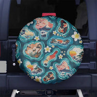 Hawaiian and Japanese Culture Together Spare Tire Cover Hawaiian Island Shapes with Japanese Landscape Teal Color LT03 No hole Teal - Polynesian Pride