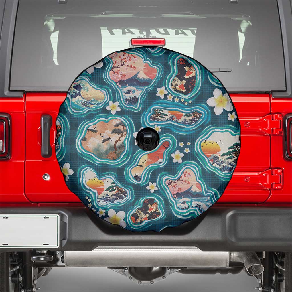 Hawaiian and Japanese Culture Together Spare Tire Cover Hawaiian Island Shapes with Japanese Landscape Teal Color LT03 - Polynesian Pride