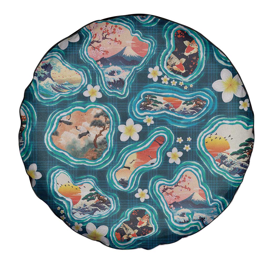 Hawaiian and Japanese Culture Together Spare Tire Cover Hawaiian Island Shapes with Japanese Landscape Teal Color LT03 - Polynesian Pride