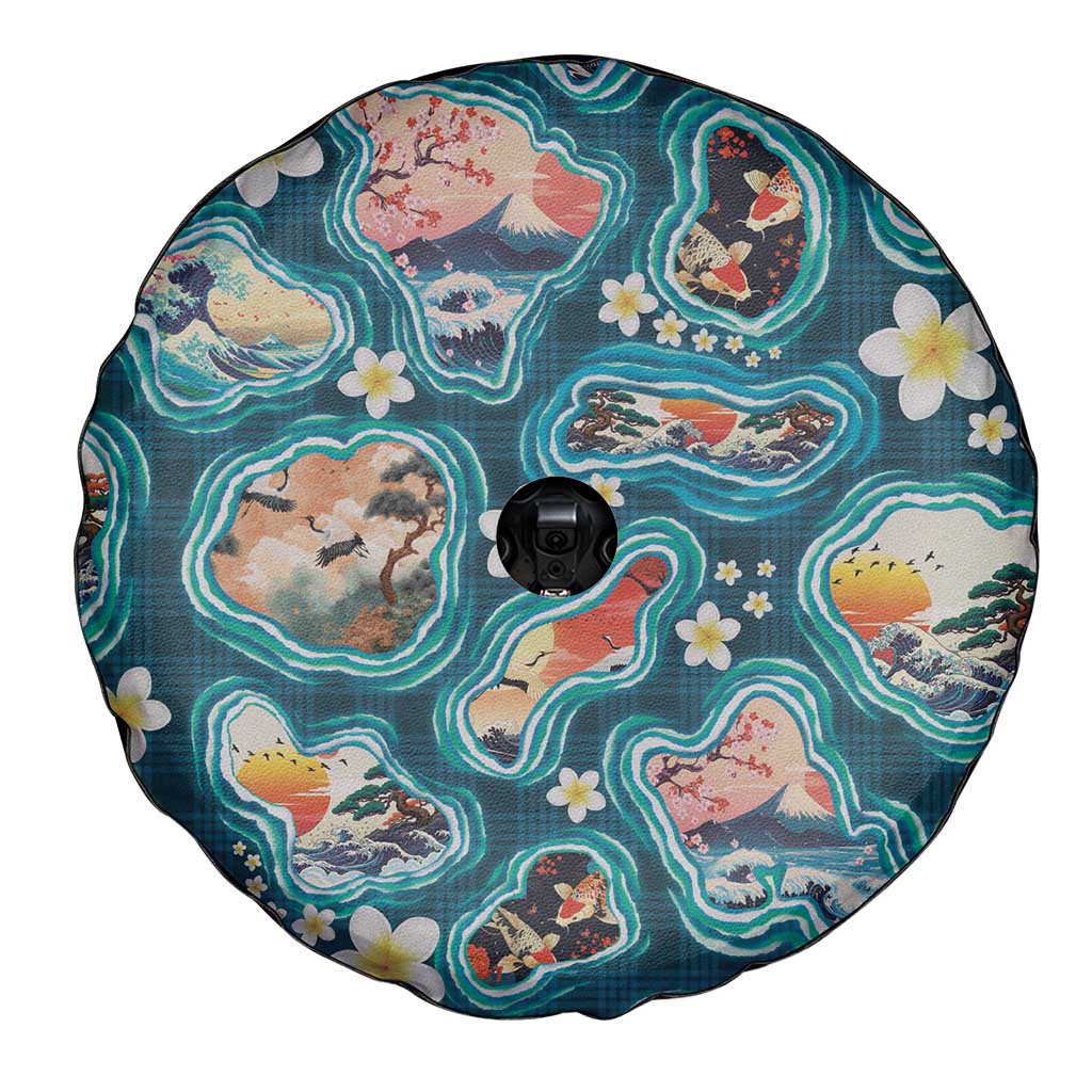 Hawaiian and Japanese Culture Together Spare Tire Cover Hawaiian Island Shapes with Japanese Landscape Teal Color LT03 - Polynesian Pride