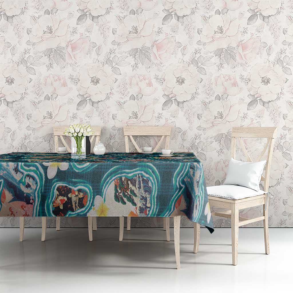 Hawaiian and Japanese Culture Together Tablecloth Hawaiian Island Shapes with Japanese Landscape Teal Color LT03 - Polynesian Pride