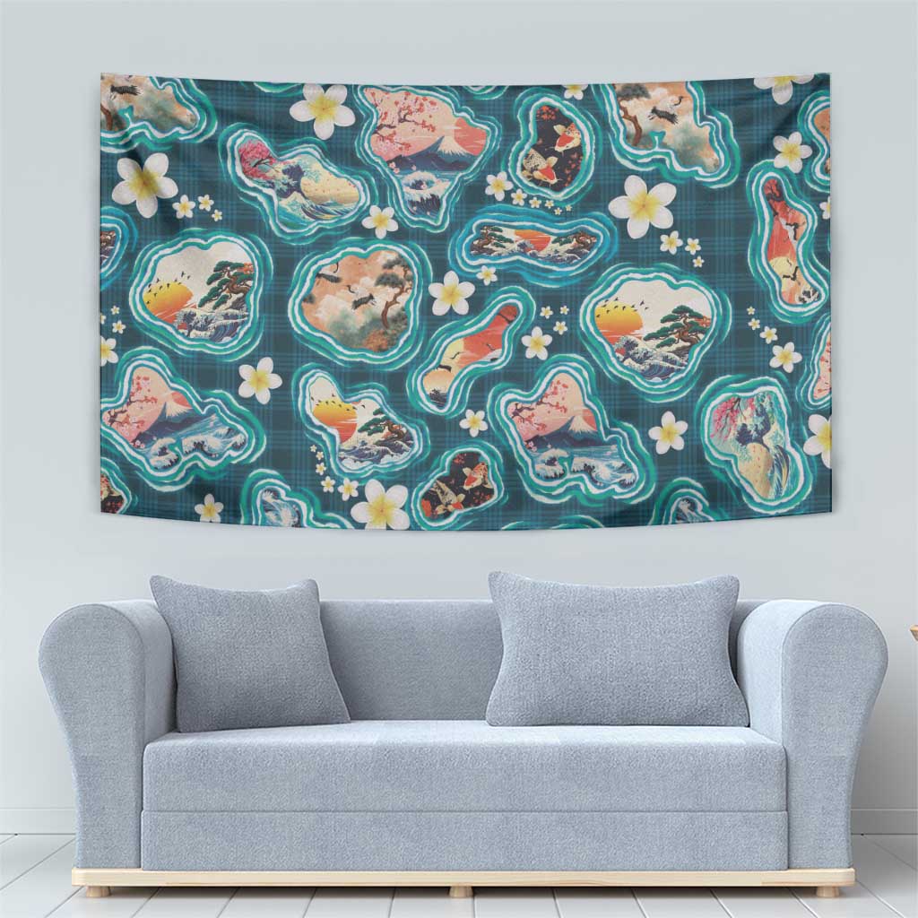 Hawaiian and Japanese Culture Together Tapestry Hawaiian Island Shapes with Japanese Landscape Teal Color LT03 - Polynesian Pride