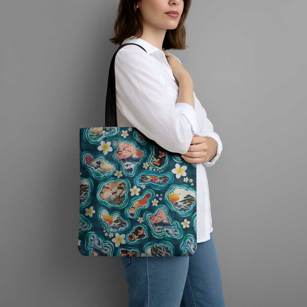 Hawaiian and Japanese Culture Together Tote Bag Hawaiian Island Shapes with Japanese Landscape Teal Color LT03 - Polynesian Pride