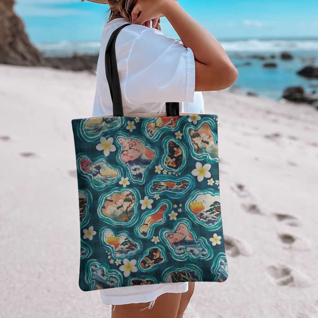 Hawaiian and Japanese Culture Together Tote Bag Hawaiian Island Shapes with Japanese Landscape Teal Color LT03 - Polynesian Pride