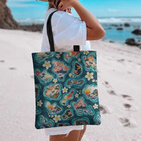 Hawaiian and Japanese Culture Together Tote Bag Hawaiian Island Shapes with Japanese Landscape Teal Color LT03 - Polynesian Pride