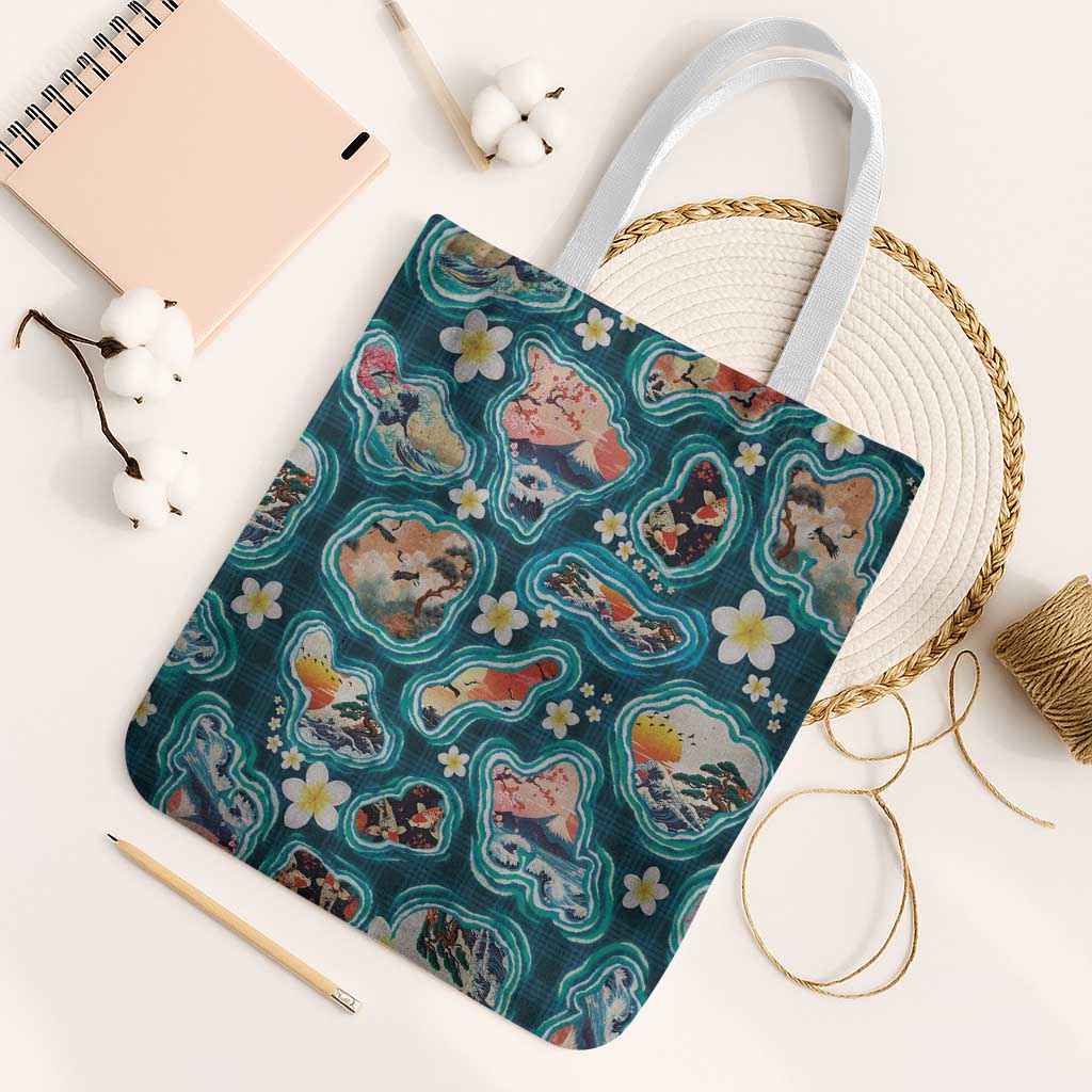 Hawaiian and Japanese Culture Together Tote Bag Hawaiian Island Shapes with Japanese Landscape Teal Color LT03 White Strap One Size Teal - Polynesian Pride