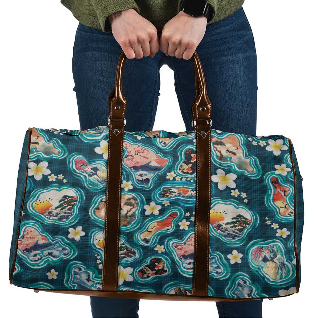 Hawaiian and Japanese Culture Together Travel Bag Hawaiian Island Shapes with Japanese Landscape Teal Color LT03 Teal - Polynesian Pride