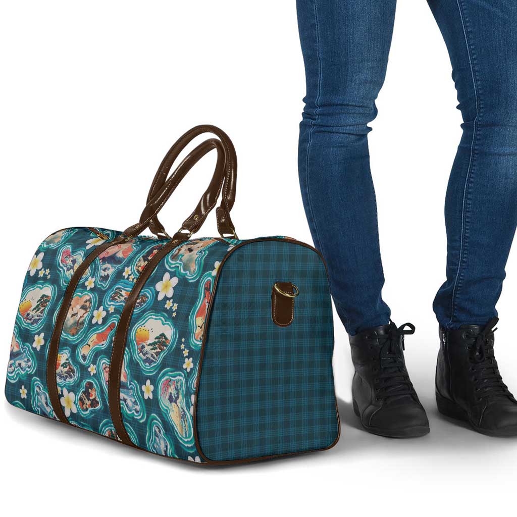 Hawaiian and Japanese Culture Together Travel Bag Hawaiian Island Shapes with Japanese Landscape Teal Color LT03 - Polynesian Pride