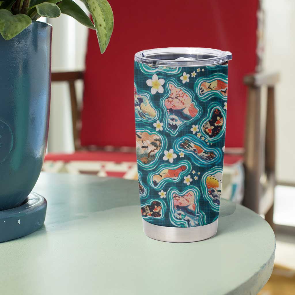 Hawaiian and Japanese Culture Together Tumbler Cup Hawaiian Island Shapes with Japanese Landscape Teal Color LT03 - Polynesian Pride