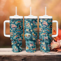 Hawaiian and Japanese Culture Together Tumbler With Handle Hawaiian Island Shapes with Japanese Landscape Teal Color LT03 - Polynesian Pride