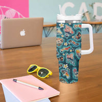 Hawaiian and Japanese Culture Together Tumbler With Handle Hawaiian Island Shapes with Japanese Landscape Teal Color LT03 - Polynesian Pride