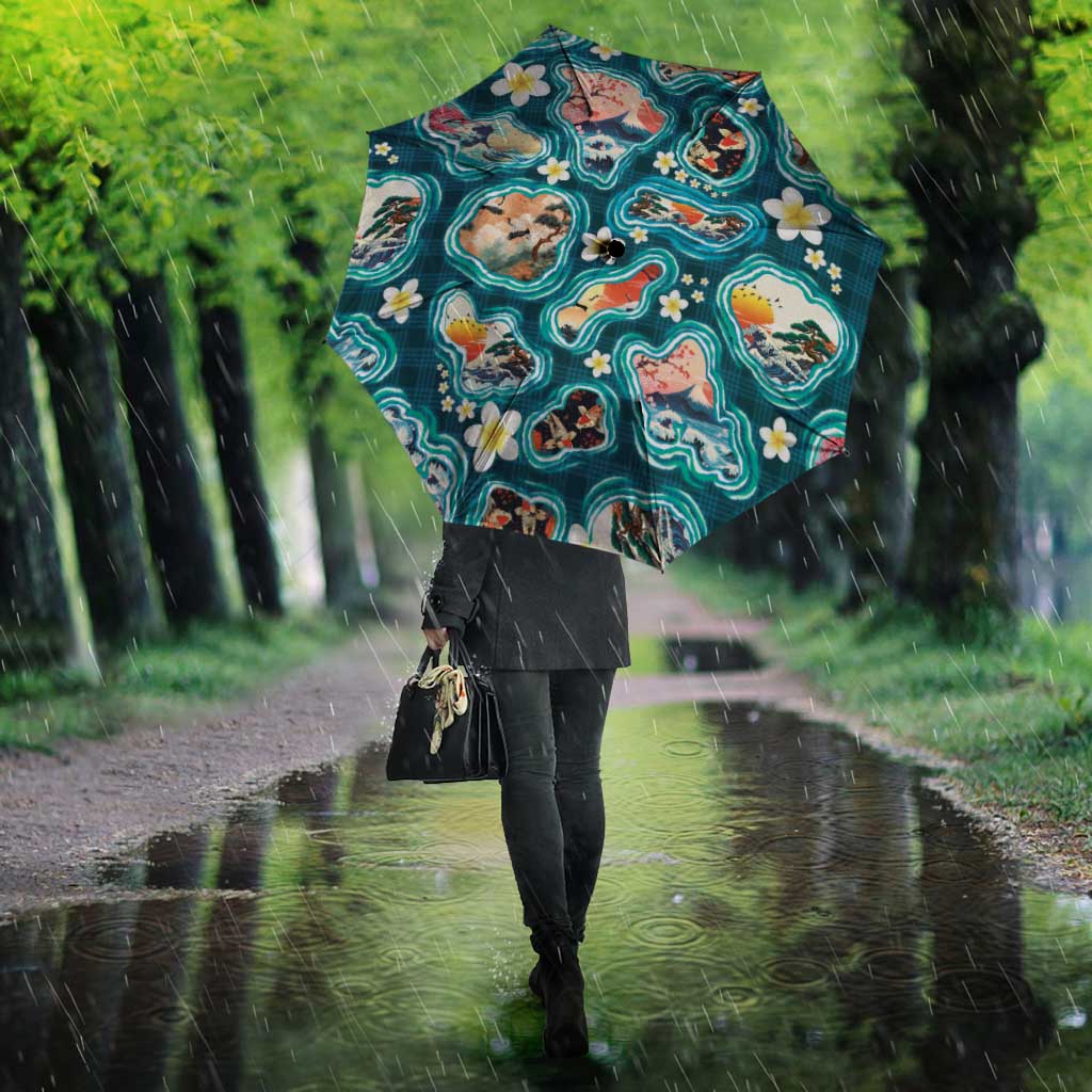 Hawaiian and Japanese Culture Together Umbrella Hawaiian Island Shapes with Japanese Landscape Teal Color LT03 - Polynesian Pride