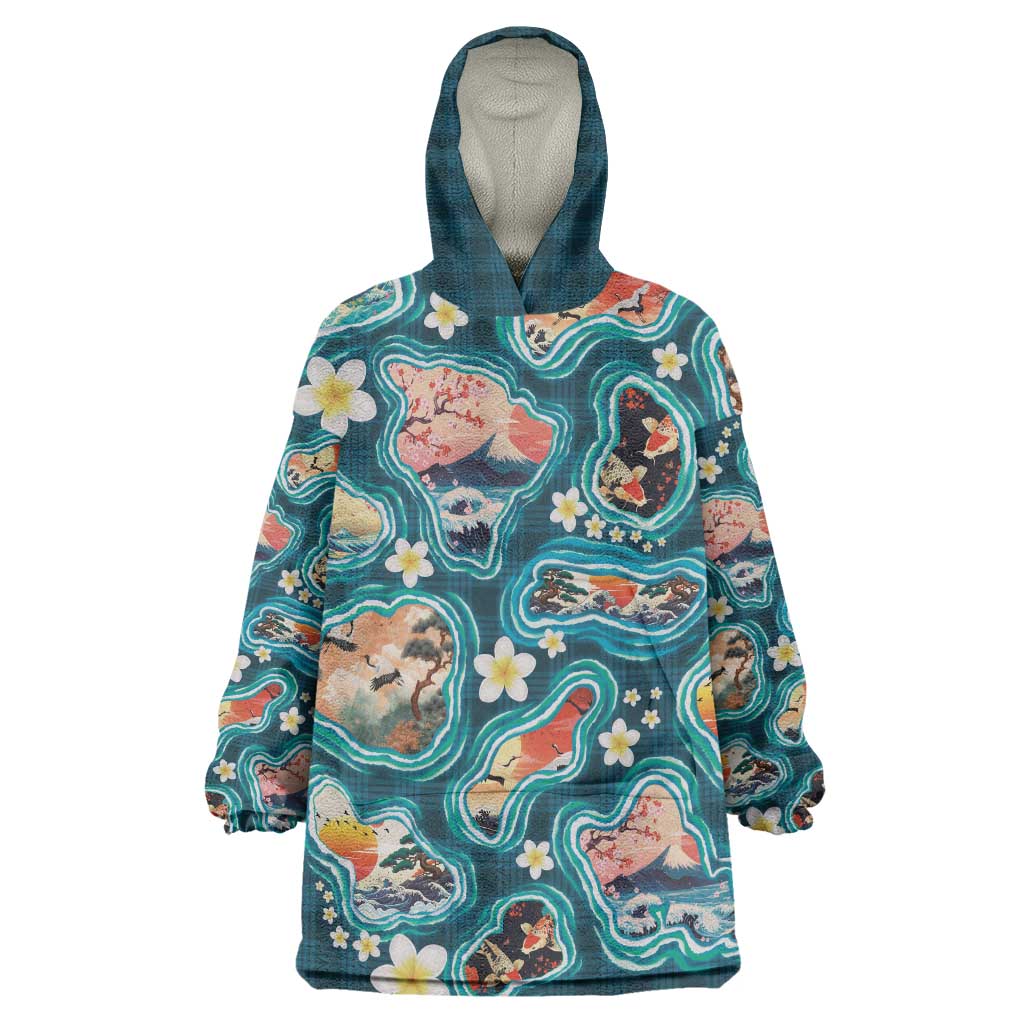 Hawaiian and Japanese Culture Together Wearable Blanket Hoodie Hawaiian Island Shapes with Japanese Landscape Teal Color