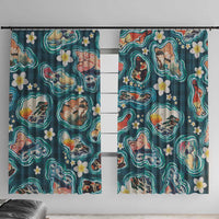 Hawaiian and Japanese Culture Together Window Curtain Hawaiian Island Shapes with Japanese Landscape Teal Color LT03 With Hooks Teal - Polynesian Pride