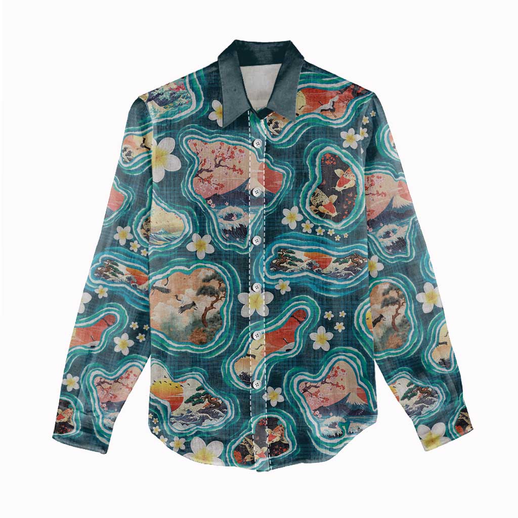 Hawaiian and Japanese Culture Together Women Casual Shirt Hawaiian Island Shapes with Japanese Landscape Teal Color LT03 - Polynesian Pride