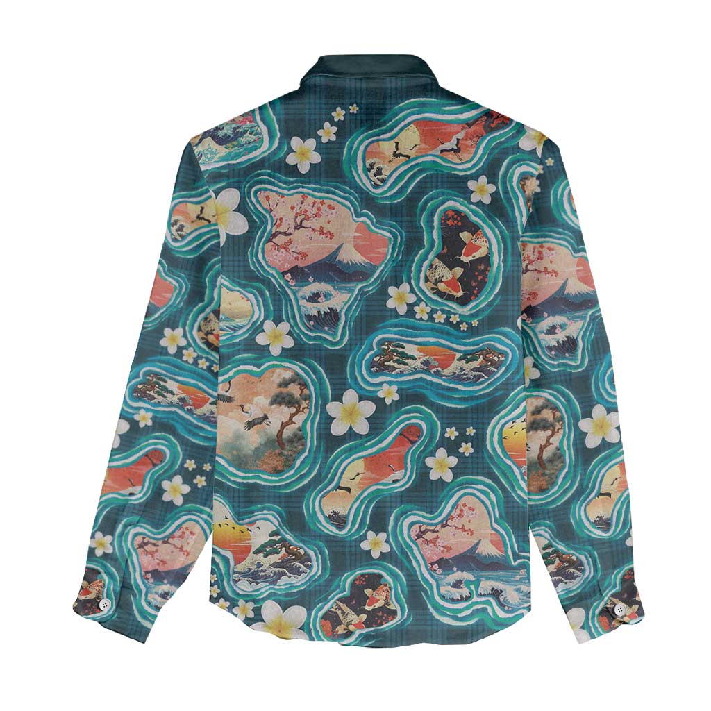 Hawaiian and Japanese Culture Together Women Casual Shirt Hawaiian Island Shapes with Japanese Landscape Teal Color LT03 - Polynesian Pride