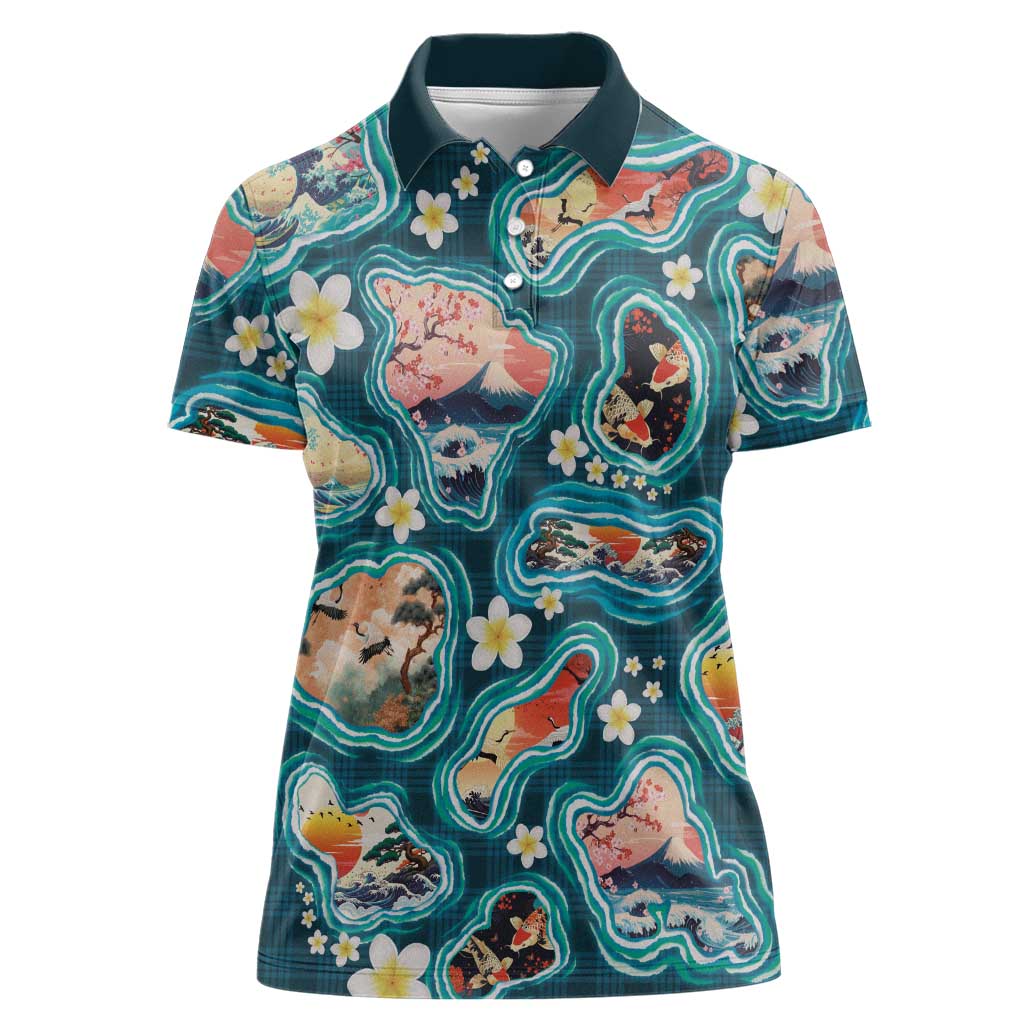 Hawaiian and Japanese Culture Together Women Polo Shirt Hawaiian Island Shapes with Japanese Landscape Teal Color