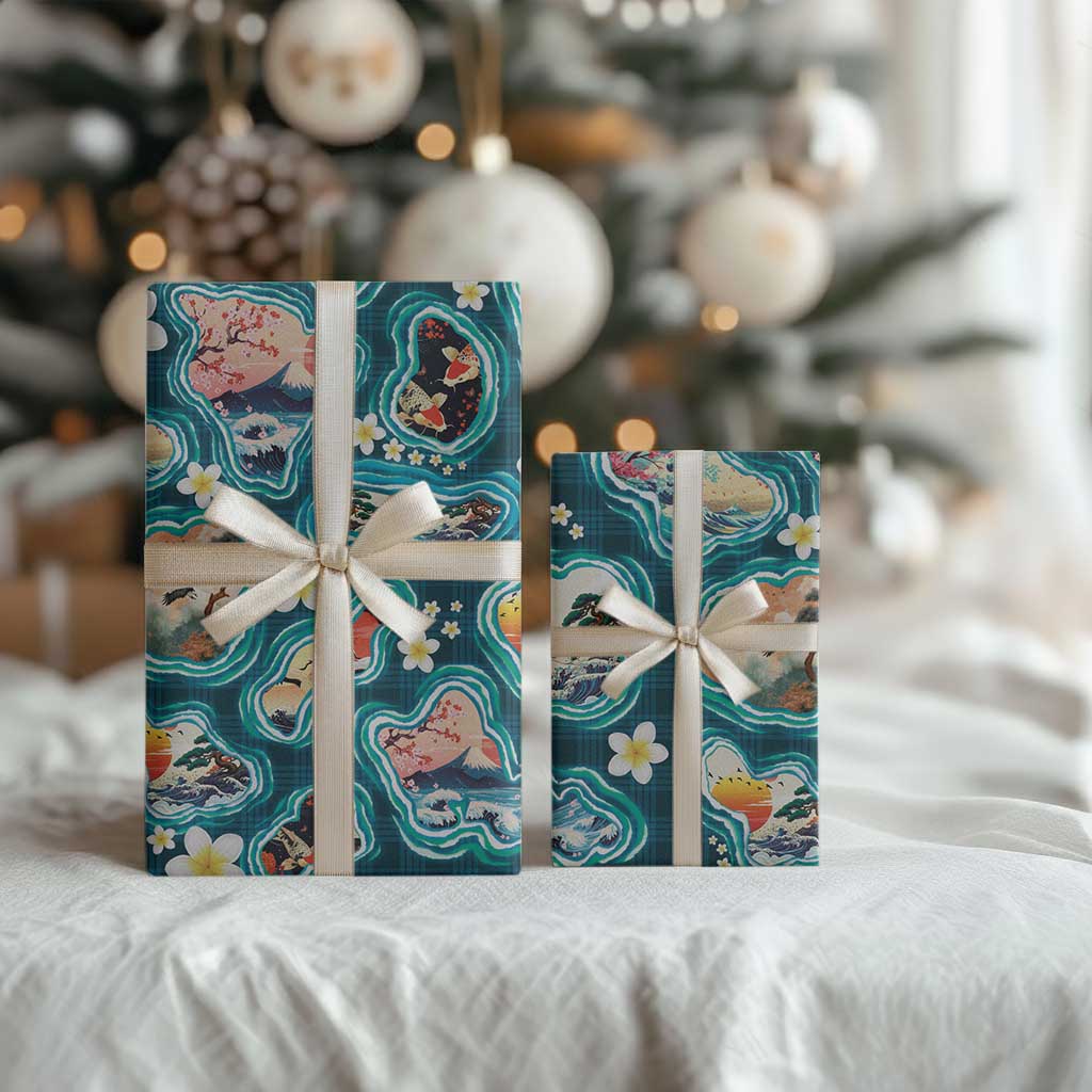 Hawaiian and Japanese Culture Together Wrapping Paper Hawaiian Island Shapes with Japanese Landscape Teal Color LT03 - Polynesian Pride