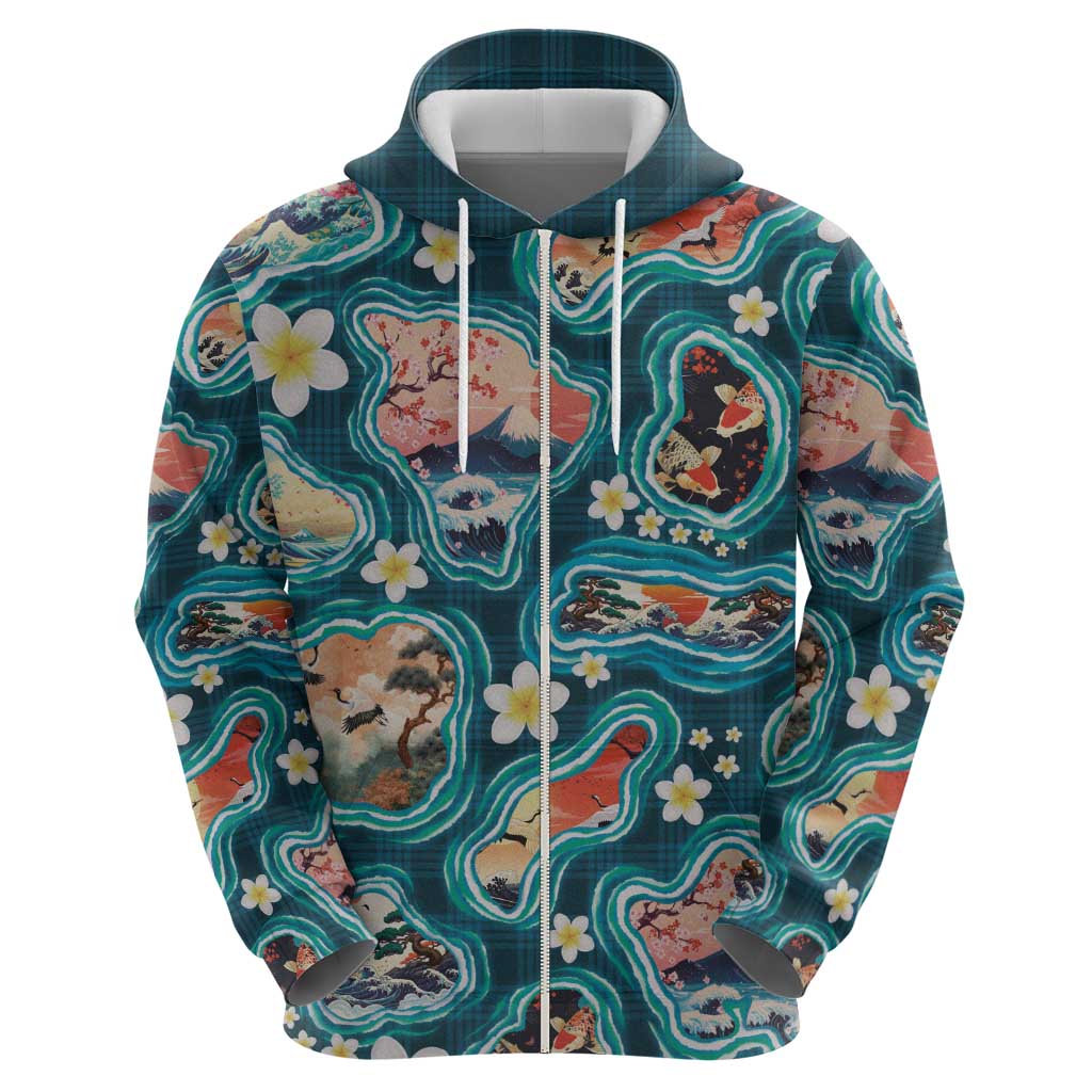 Hawaiian and Japanese Culture Together Zip Hoodie Hawaiian Island Shapes with Japanese Landscape Teal Color LT03 - Polynesian Pride