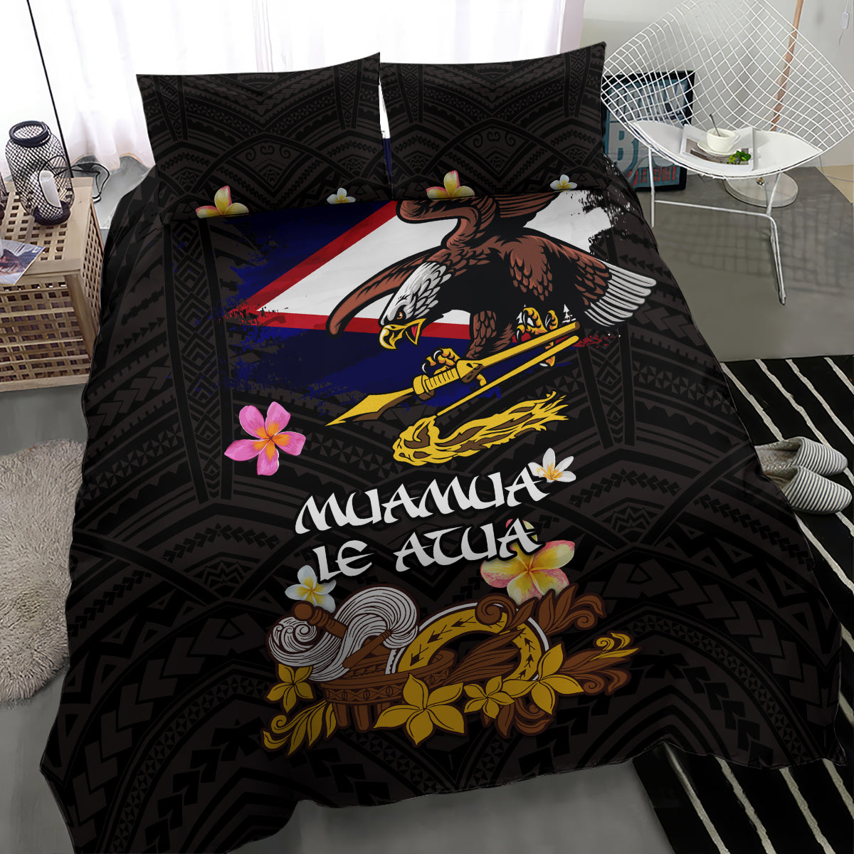 American Samoa Fue and Kava Bowl Bedding Set Plumeria and Polynesian Pattern