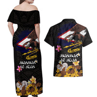 American Samoa Fue and Kava Bowl Couples Matching Off Shoulder Maxi Dress and Hawaiian Shirt Plumeria and Polynesian Pattern