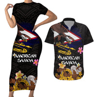 American Samoa Fue and Kava Bowl Couples Matching Short Sleeve Bodycon Dress and Hawaiian Shirt Plumeria and Polynesian Pattern LT03 Black - Polynesian Pride