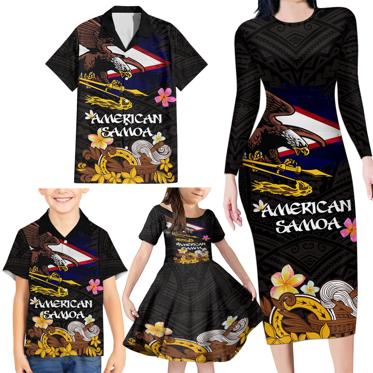 American Samoa Fue and Kava Bowl Family Matching Long Sleeve Bodycon Dress and Hawaiian Shirt Plumeria and Polynesian Pattern LT03 - Polynesian Pride