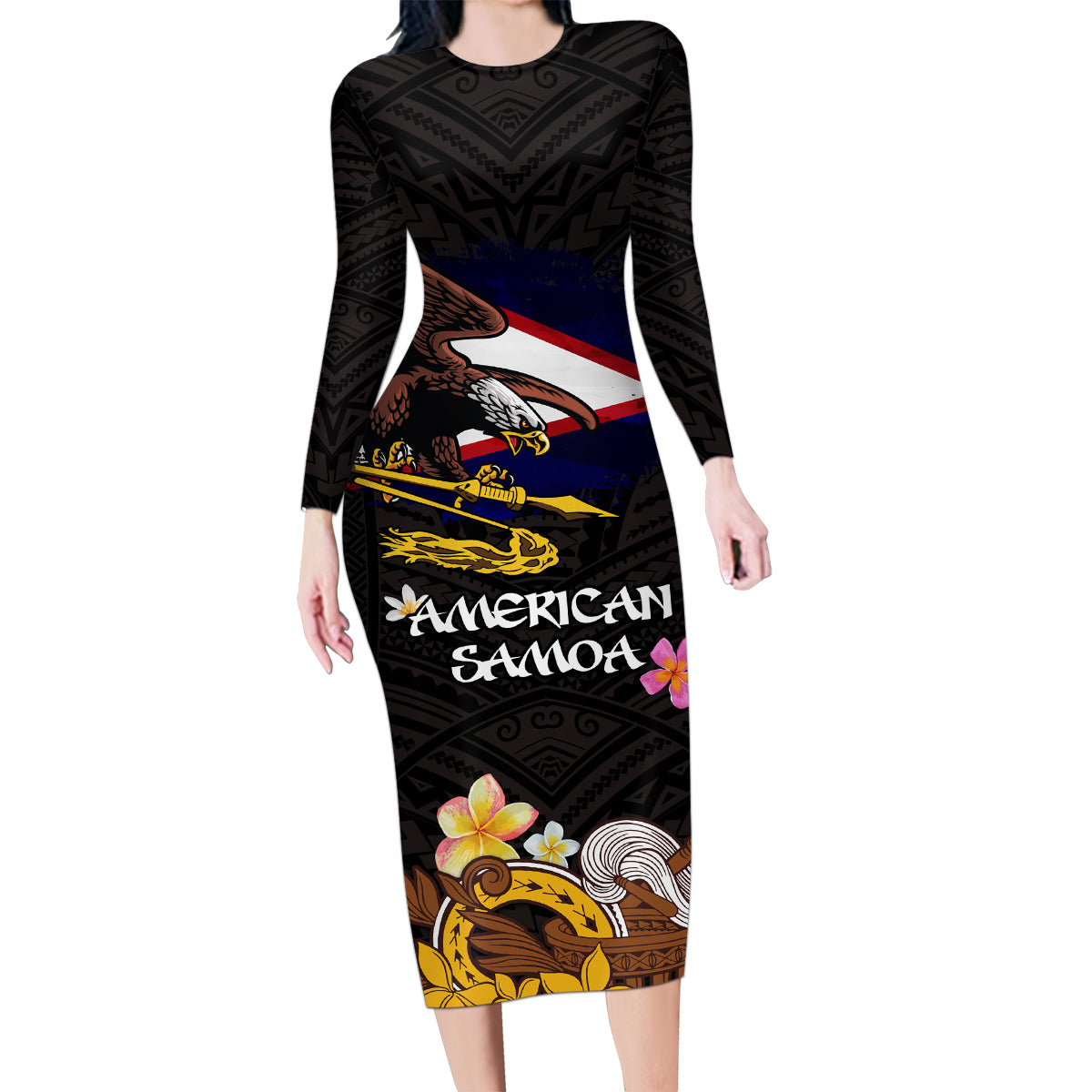 American Samoa Fue and Kava Bowl Family Matching Long Sleeve Bodycon Dress and Hawaiian Shirt Plumeria and Polynesian Pattern LT03 Mom's Dress Black - Polynesian Pride