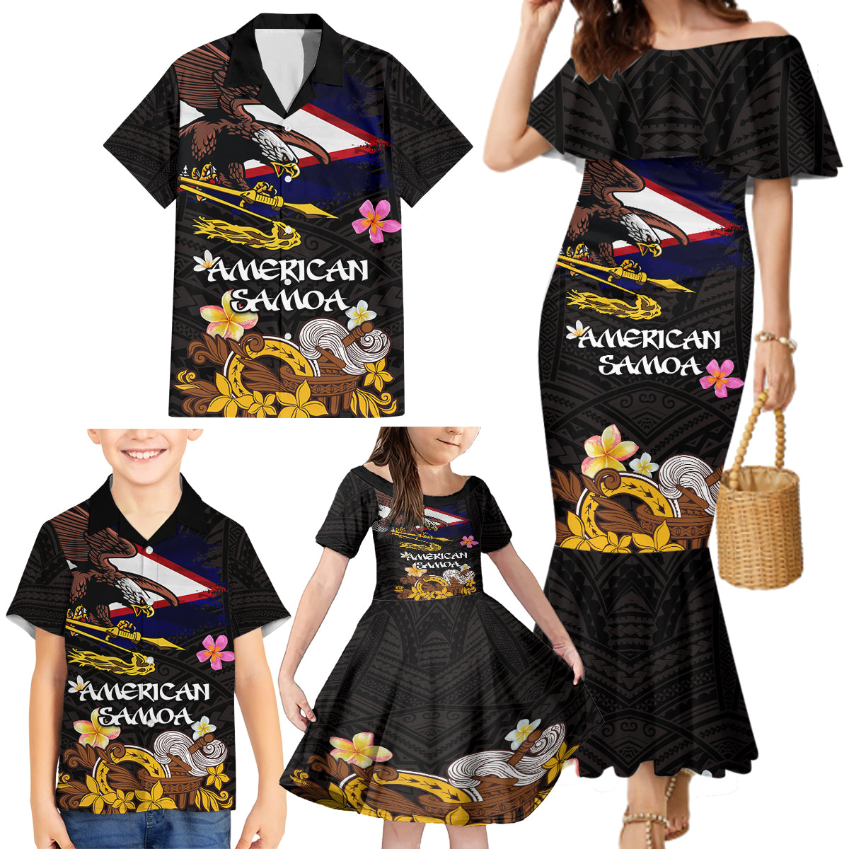 American Samoa Fue and Kava Bowl Family Matching Mermaid Dress and Hawaiian Shirt Plumeria and Polynesian Pattern LT03 - Polynesian Pride