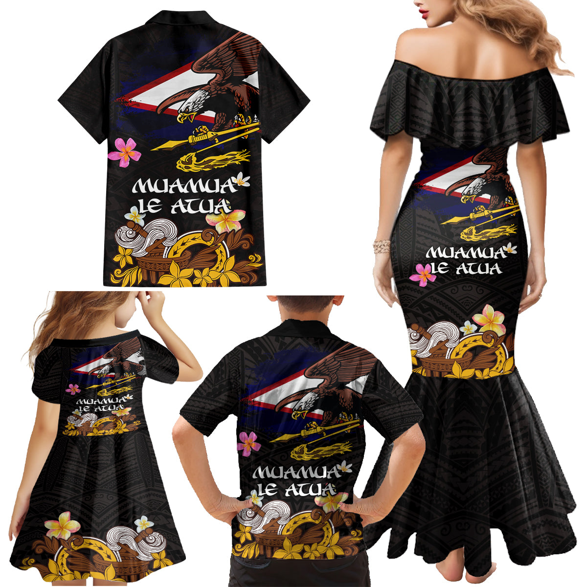 American Samoa Fue and Kava Bowl Family Matching Mermaid Dress and Hawaiian Shirt Plumeria and Polynesian Pattern LT03 - Polynesian Pride