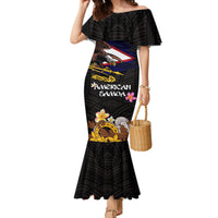 American Samoa Fue and Kava Bowl Family Matching Mermaid Dress and Hawaiian Shirt Plumeria and Polynesian Pattern LT03 Mom's Dress Black - Polynesian Pride