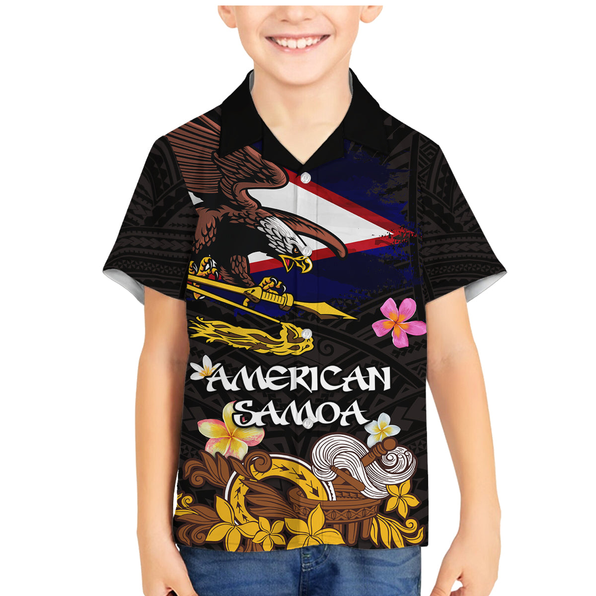 American Samoa Fue and Kava Bowl Family Matching Mermaid Dress and Hawaiian Shirt Plumeria and Polynesian Pattern LT03 Son's Shirt Black - Polynesian Pride