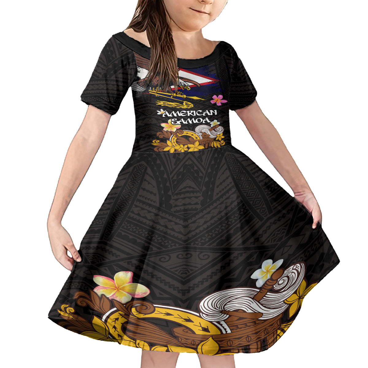American Samoa Fue and Kava Bowl Family Matching Off The Shoulder Long Sleeve Dress and Hawaiian Shirt Plumeria and Polynesian Pattern LT03 Daughter's Dress Black - Polynesian Pride