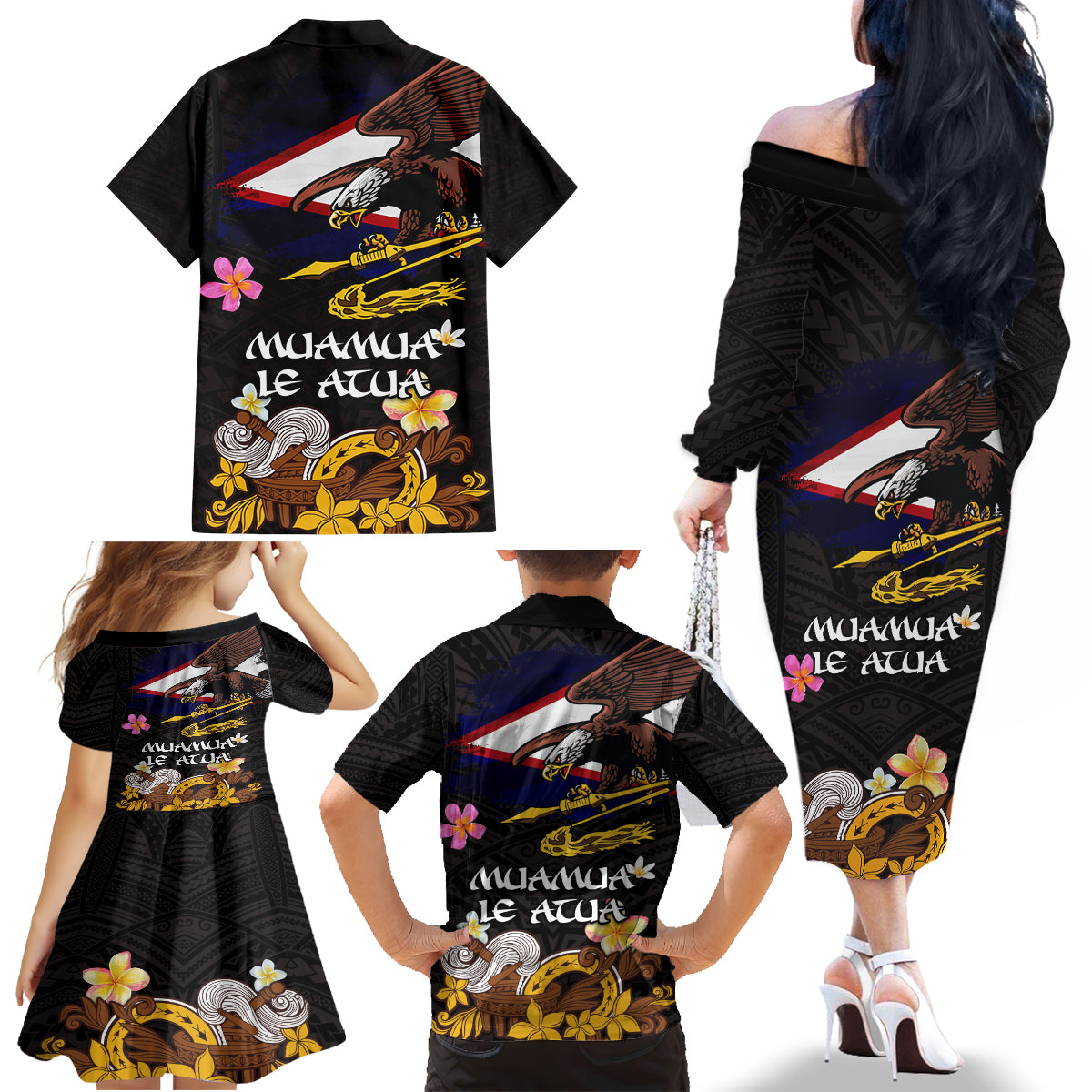 American Samoa Fue and Kava Bowl Family Matching Off The Shoulder Long Sleeve Dress and Hawaiian Shirt Plumeria and Polynesian Pattern LT03 - Polynesian Pride