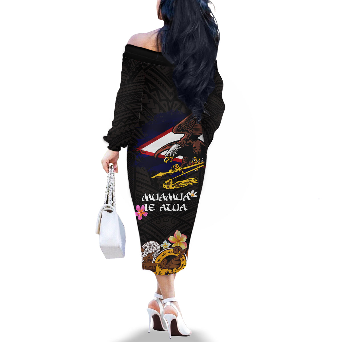 American Samoa Fue and Kava Bowl Family Matching Off The Shoulder Long Sleeve Dress and Hawaiian Shirt Plumeria and Polynesian Pattern LT03 - Polynesian Pride