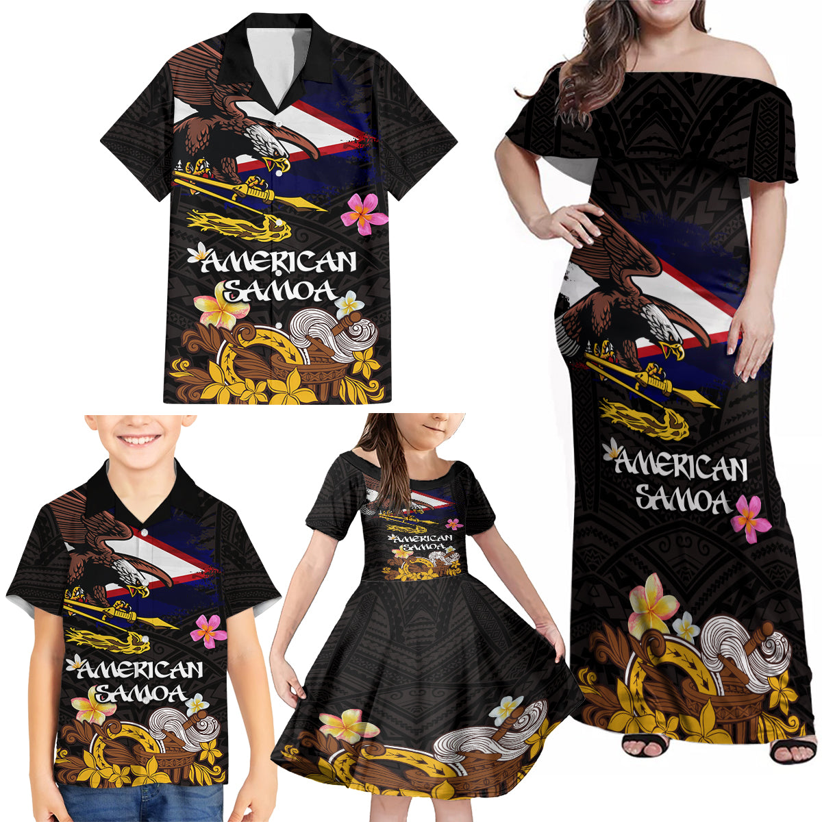 American Samoa Fue and Kava Bowl Family Matching Off Shoulder Maxi Dress and Hawaiian Shirt Plumeria and Polynesian Pattern LT03 - Polynesian Pride