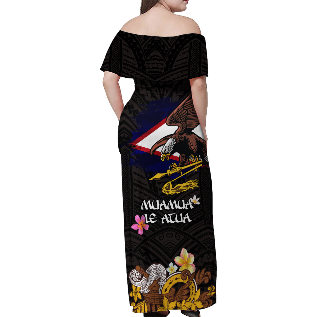 American Samoa Fue and Kava Bowl Family Matching Off Shoulder Maxi Dress and Hawaiian Shirt Plumeria and Polynesian Pattern LT03 - Polynesian Pride