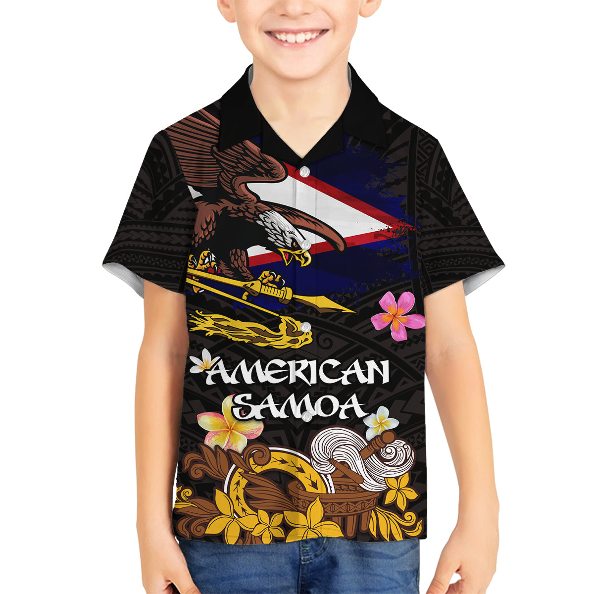 American Samoa Fue and Kava Bowl Family Matching Off Shoulder Short Dress and Hawaiian Shirt Plumeria and Polynesian Pattern LT03 Son's Shirt Black - Polynesian Pride
