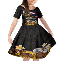 American Samoa Fue and Kava Bowl Family Matching Puletasi and Hawaiian Shirt Plumeria and Polynesian Pattern LT03 Daughter's Dress Black - Polynesian Pride