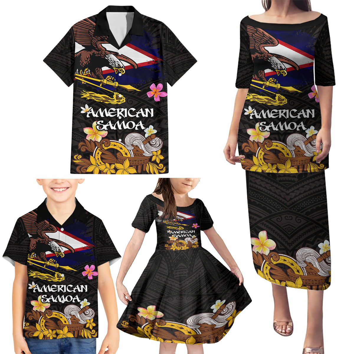 American Samoa Fue and Kava Bowl Family Matching Puletasi and Hawaiian Shirt Plumeria and Polynesian Pattern LT03 - Polynesian Pride
