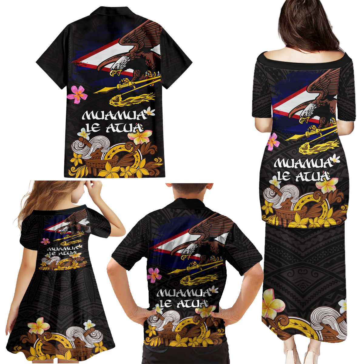 American Samoa Fue and Kava Bowl Family Matching Puletasi and Hawaiian Shirt Plumeria and Polynesian Pattern LT03 - Polynesian Pride