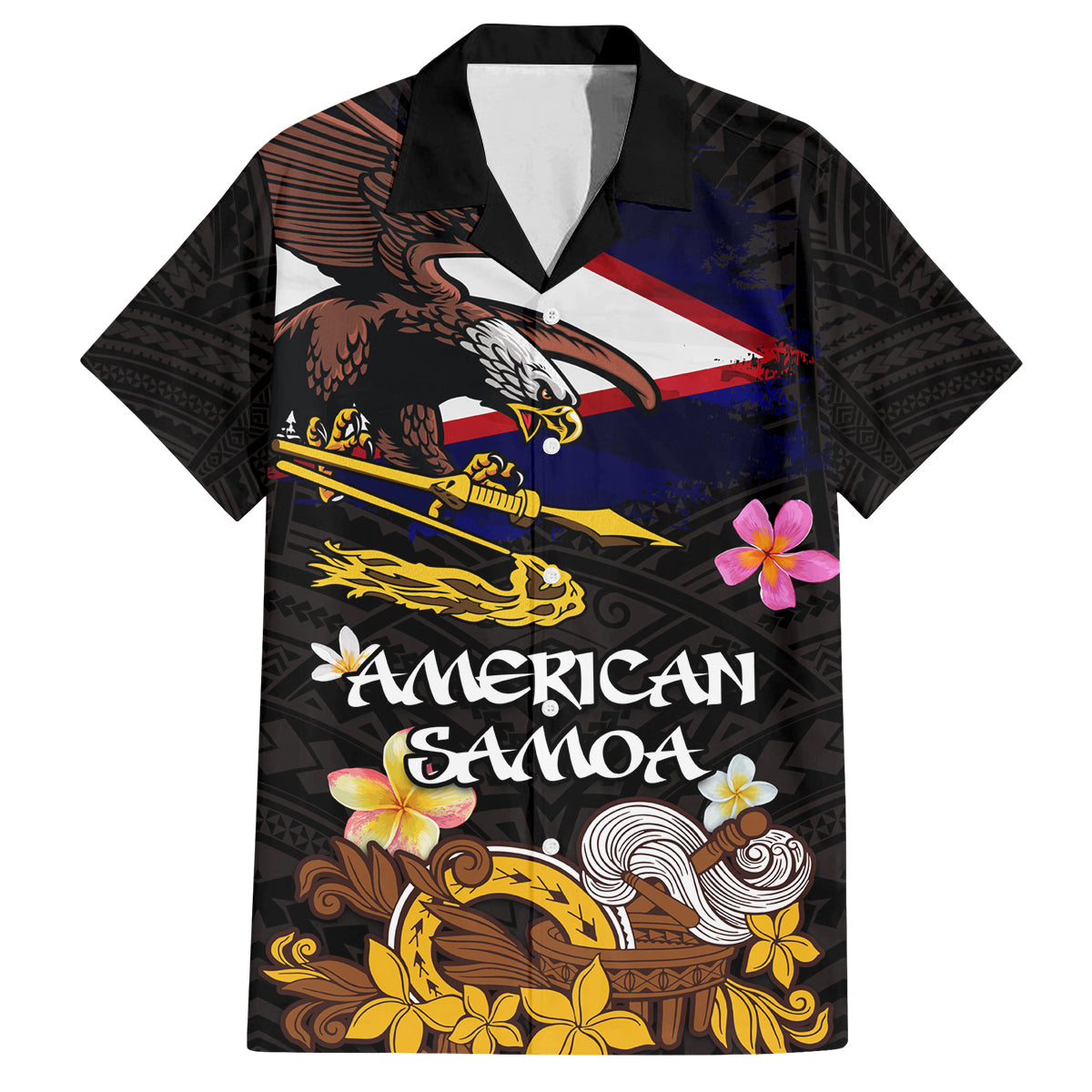 American Samoa Fue and Kava Bowl Family Matching Puletasi and Hawaiian Shirt Plumeria and Polynesian Pattern LT03 Dad's Shirt - Short Sleeve Black - Polynesian Pride