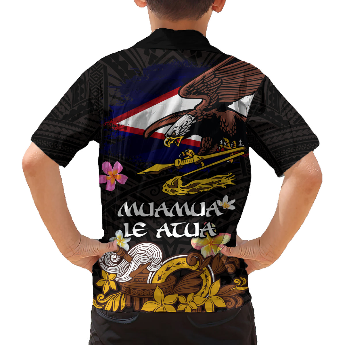American Samoa Fue and Kava Bowl Family Matching Short Sleeve Bodycon Dress and Hawaiian Shirt Plumeria and Polynesian Pattern LT03 - Polynesian Pride