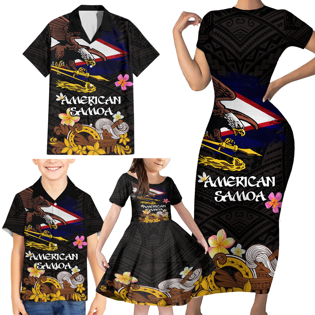 American Samoa Fue and Kava Bowl Family Matching Short Sleeve Bodycon Dress and Hawaiian Shirt Plumeria and Polynesian Pattern LT03 - Polynesian Pride
