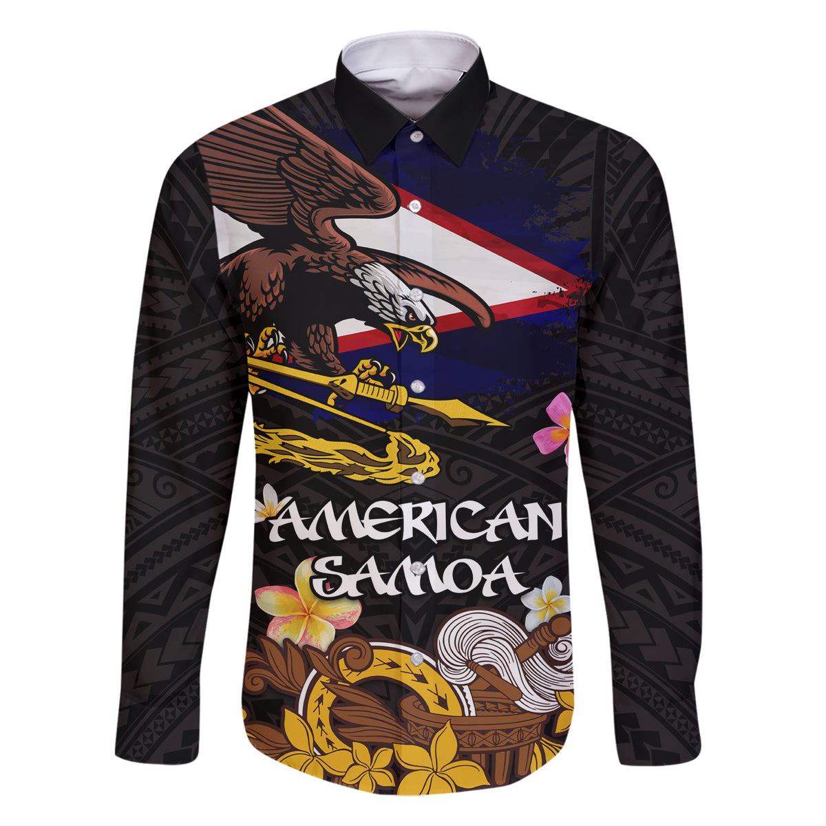 American Samoa Fue and Kava Bowl Family Matching Short Sleeve Bodycon Dress and Hawaiian Shirt Plumeria and Polynesian Pattern LT03 Dad's Shirt - Long Sleeve Black - Polynesian Pride