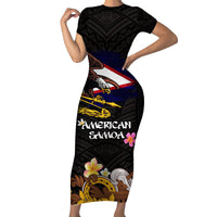 American Samoa Fue and Kava Bowl Family Matching Short Sleeve Bodycon Dress and Hawaiian Shirt Plumeria and Polynesian Pattern LT03 Mom's Dress Black - Polynesian Pride