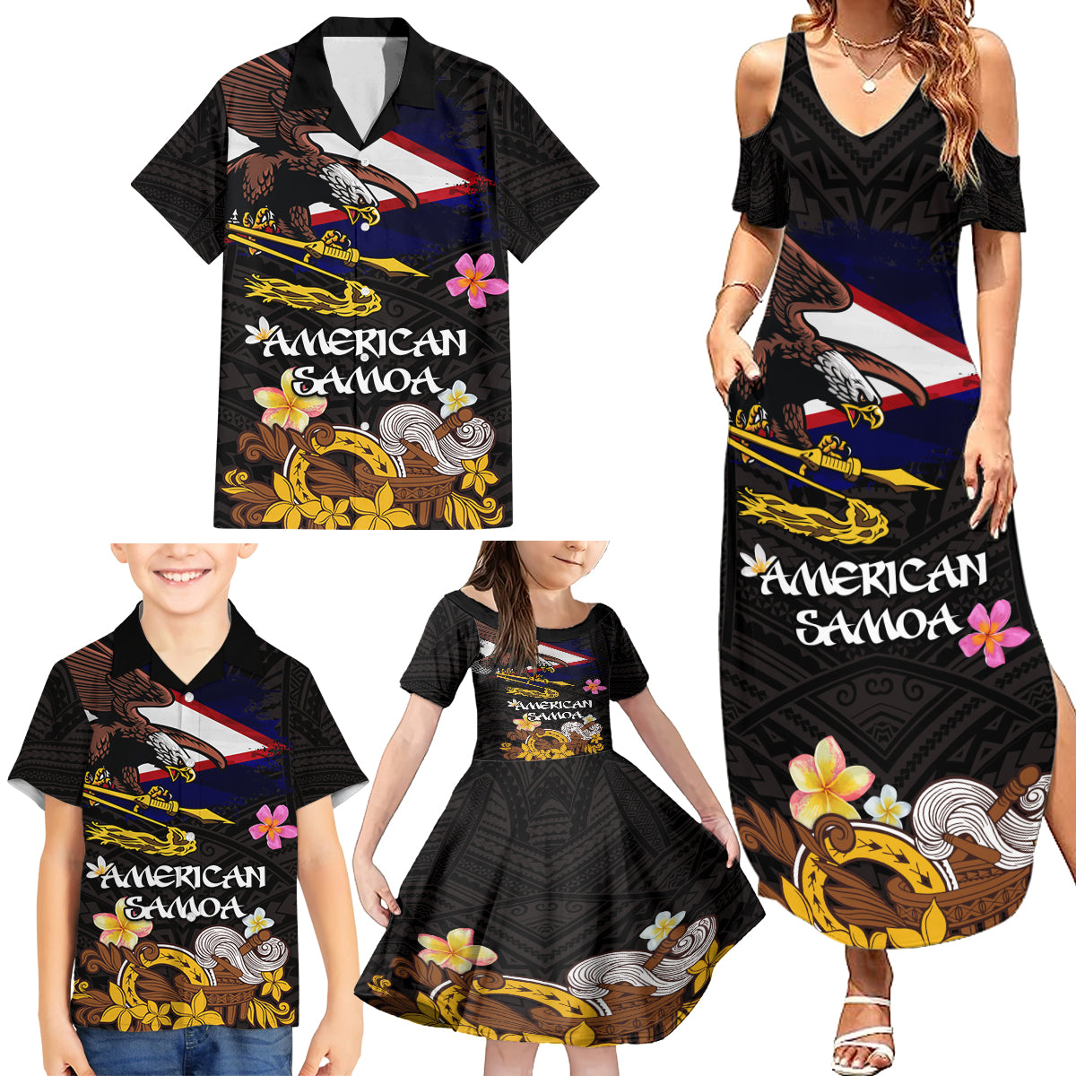 American Samoa Fue and Kava Bowl Family Matching Summer Maxi Dress and Hawaiian Shirt Plumeria and Polynesian Pattern LT03 - Polynesian Pride